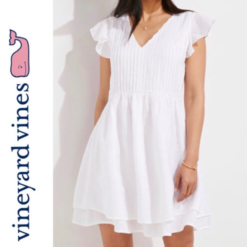 NWT. Vineyard Vines White Pintuck Linen Flutter Sleeve Linen Dress. S